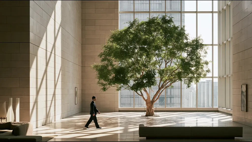 A man crossing a sunlit hospital atrium past an indoor tree
