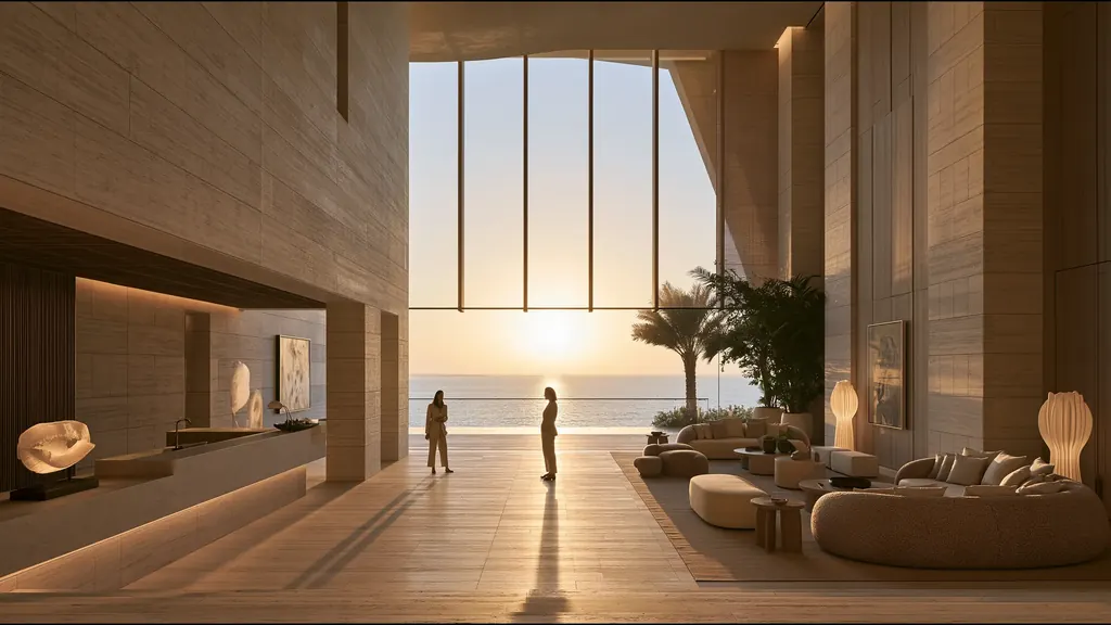 A tall, sunlit clinic lounge opening onto the sea, two people walking towards the light