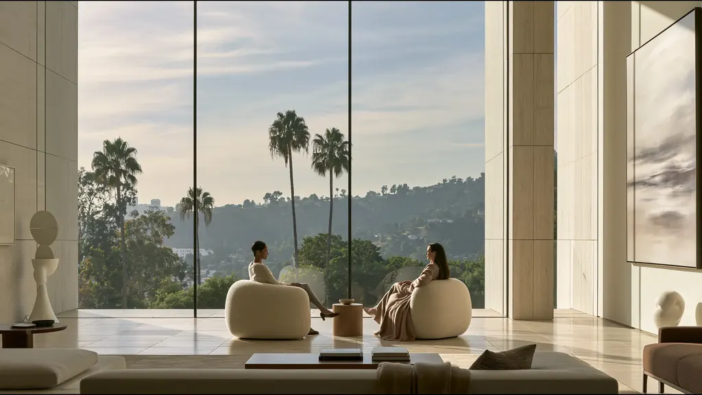 Two women in rounded cream armchairs facing each other in a tall stone room, palm trees and wooded hills through the glass