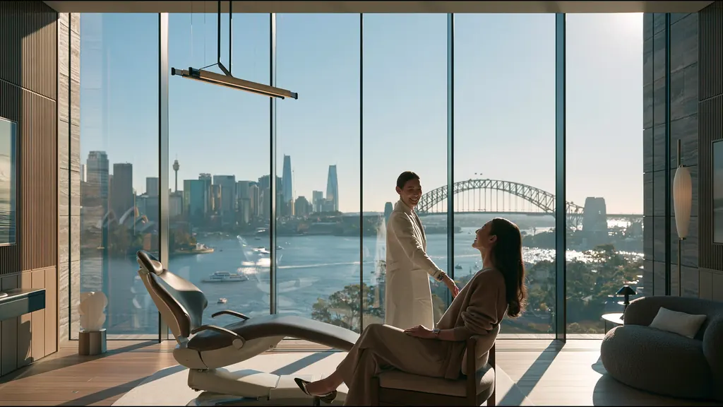 A dentist in a white coat greeting a smiling patient beside a dental chair, a harbour bridge and city skyline through the windows