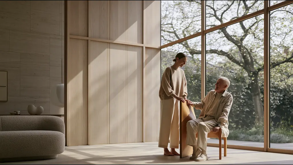 A physiotherapist in a cream sweater standing beside a smiling older man seated on a wooden chair, tall windows onto a garden tree