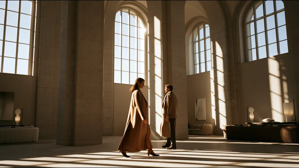 Two people in camel coats meet in a tall stone hall with arched windows and long bars of sunlight