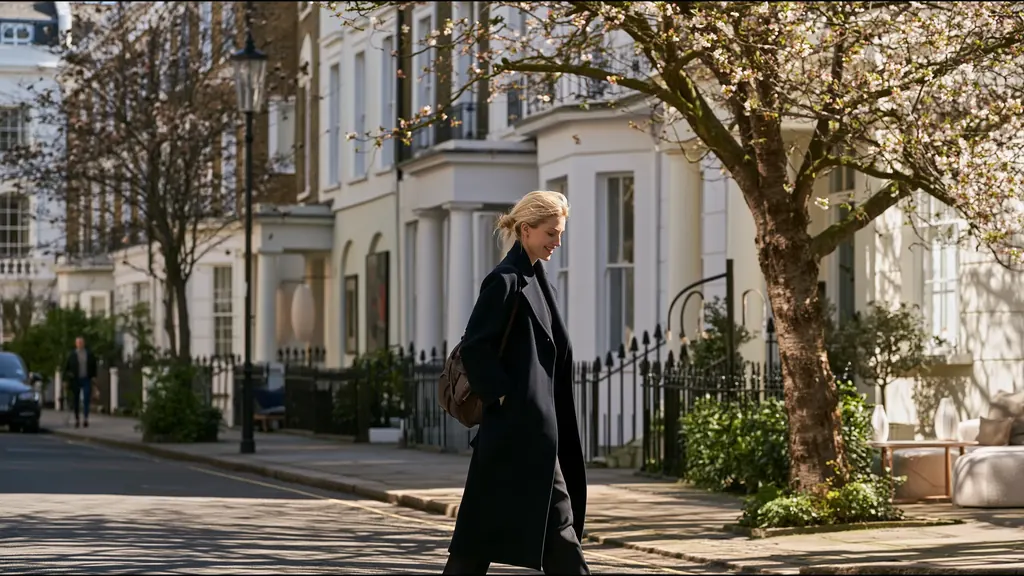 A woman in a long dark coat walking along a quiet tree-lined street of white townhouses