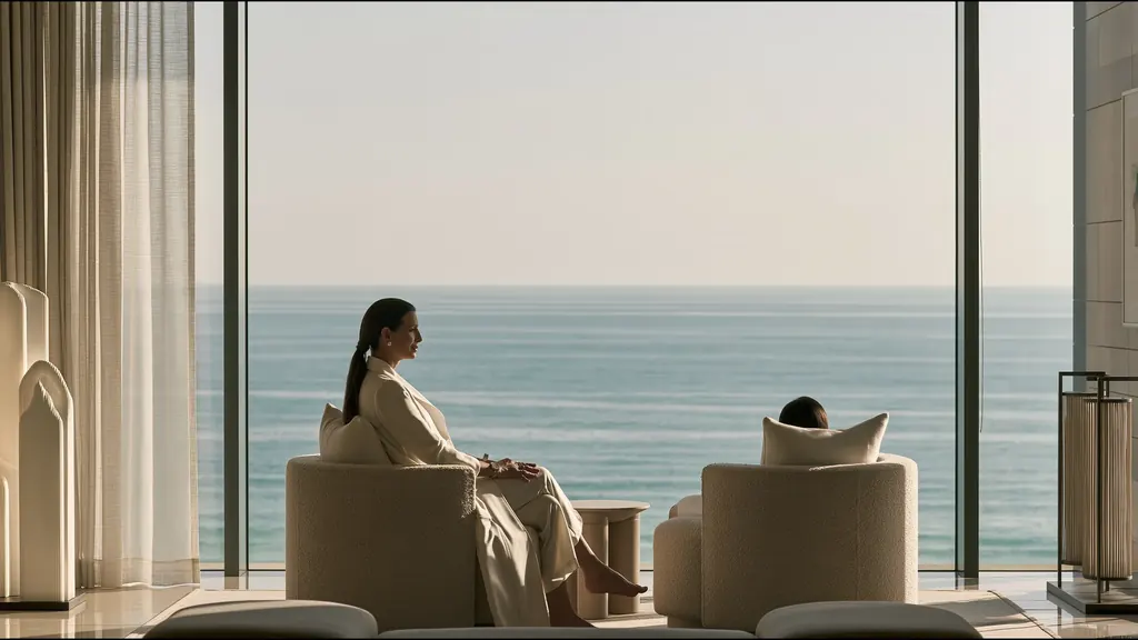 A woman in a cream suit seated in a rounded armchair before a wall of glass onto a calm sea, a second chair beside her