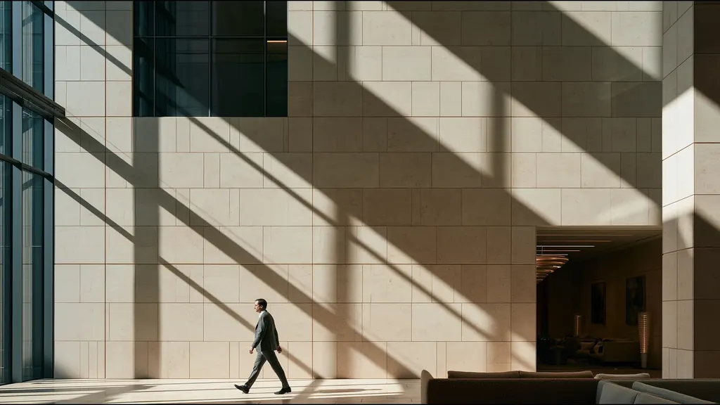 A chief medical information officer in a grey suit walking through a soaring glass and stone atrium