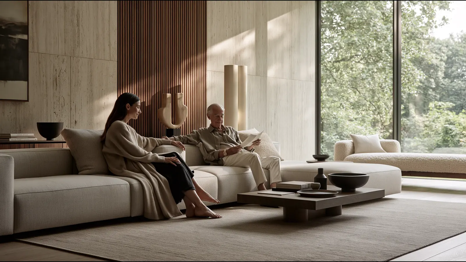 A woman and an older man sitting together on a pale sofa in a calm room with a garden beyond the glass