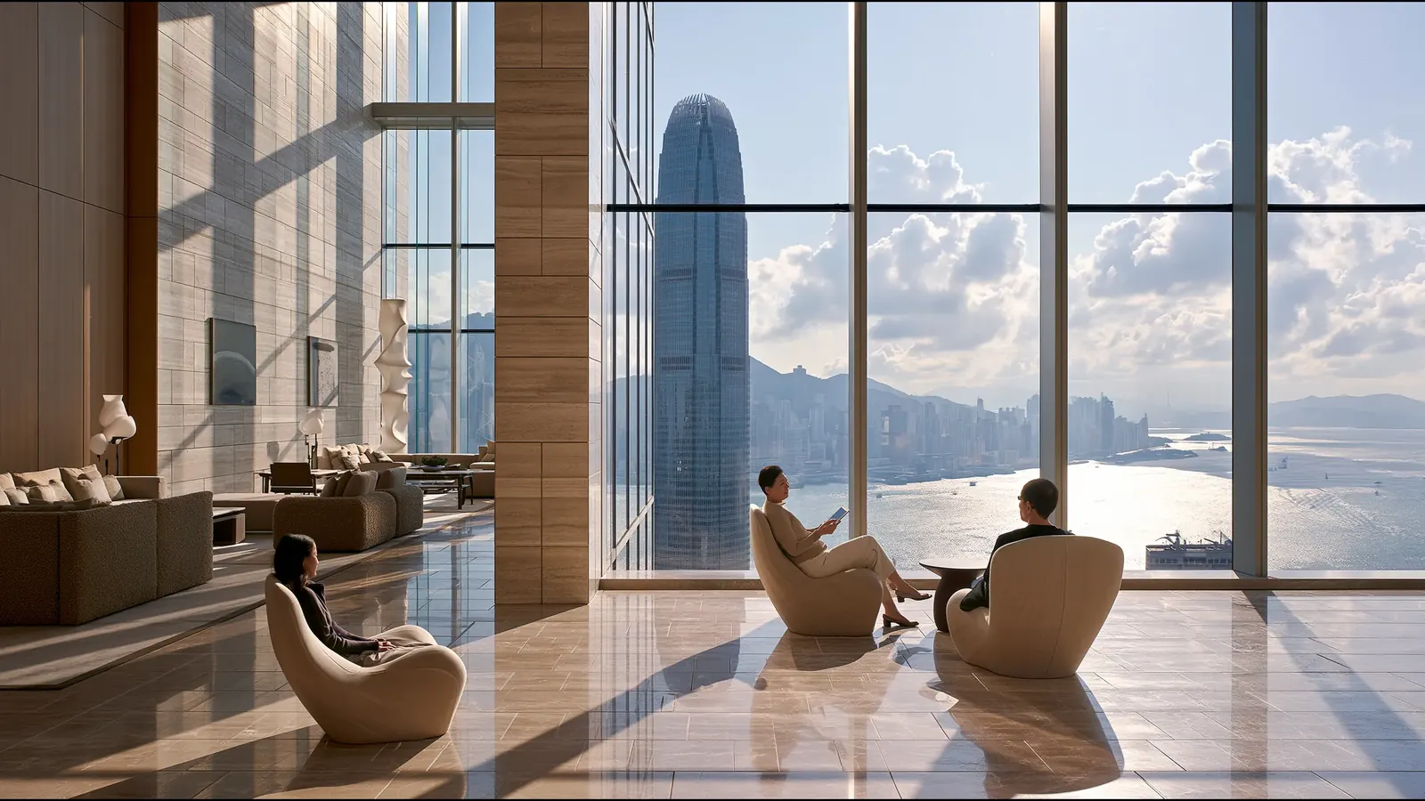Two people in sculpted chairs in a tall room of glass, a harbour and towers beyond