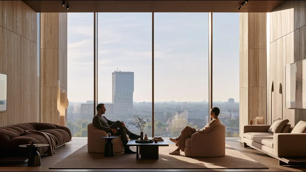 A clinician at ease in a vast, light-filled private clinic in Amsterdam, the city beyond the glass