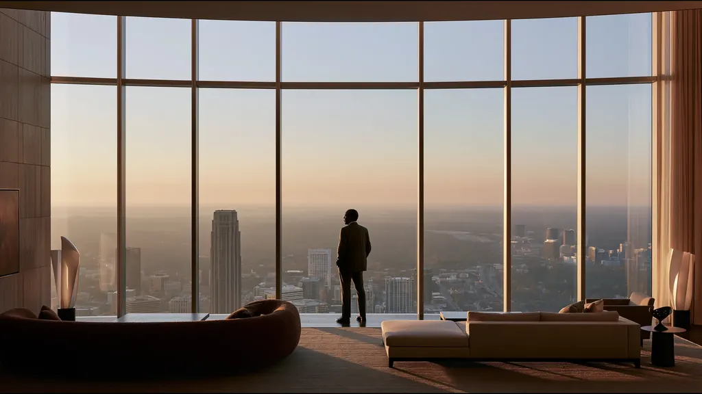 A clinician at ease in a vast, light-filled private clinic in Atlanta, the city beyond the glass