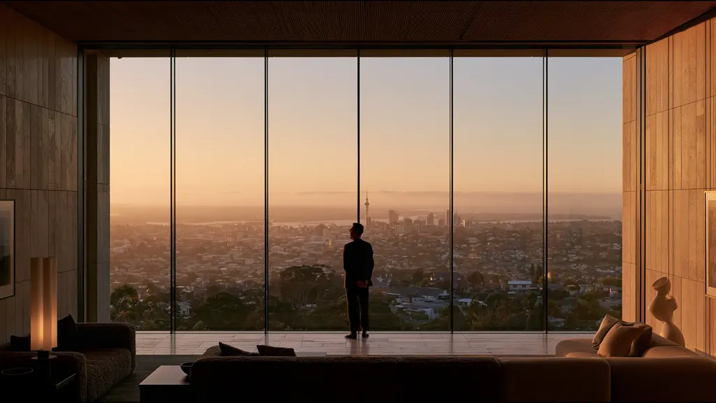 A man in a dark suit standing at a wall of glass at dusk, looking out over Auckland and the Sky Tower