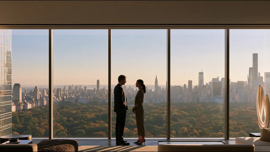 Two colleagues talking by a window above Central Park