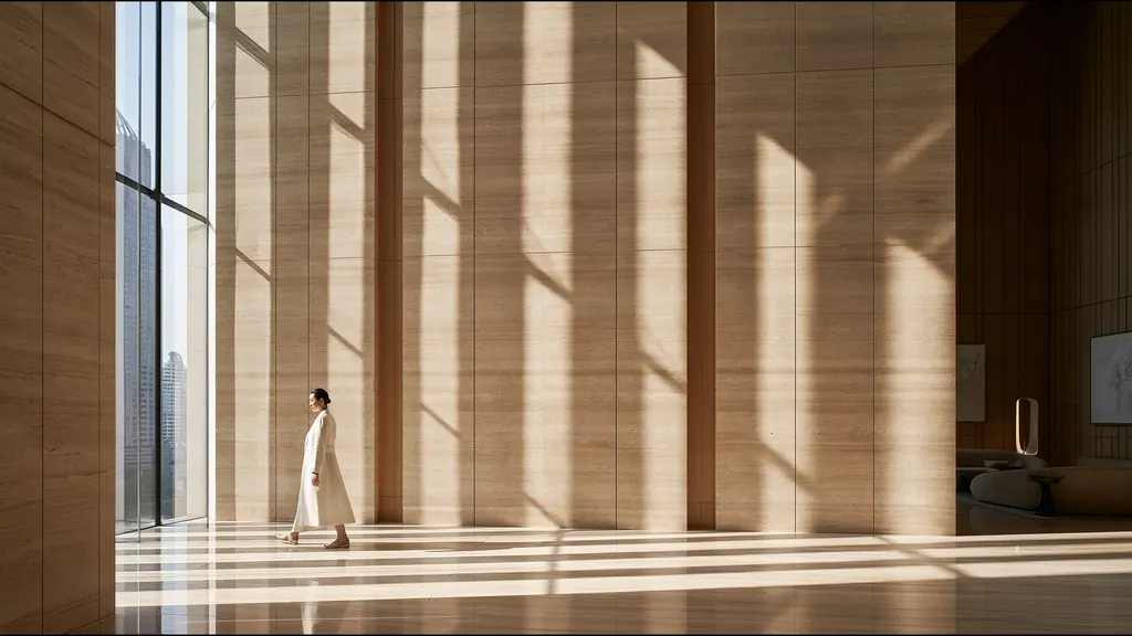 A clinician walking through a vast, light-filled private clinic in Bangkok, the city beyond the glass
