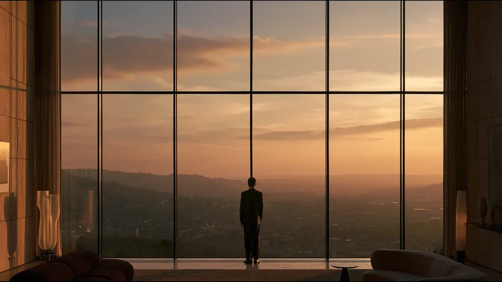 A man standing at a full-height window in a tall, quiet room, looking out over hills and a town at sunset