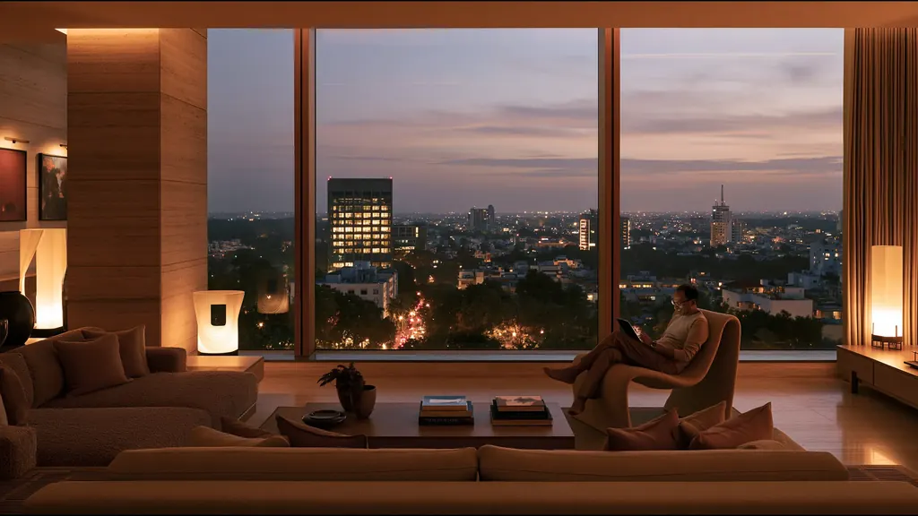 A man reading in a lounge chair by floor-to-ceiling windows at dusk, the lights of Bengaluru below