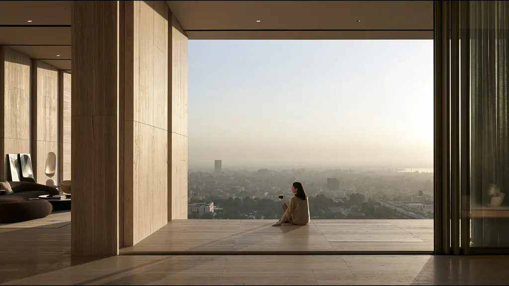A clinician sitting in a vast, light-filled private clinic in Cairo, the city beyond the glass