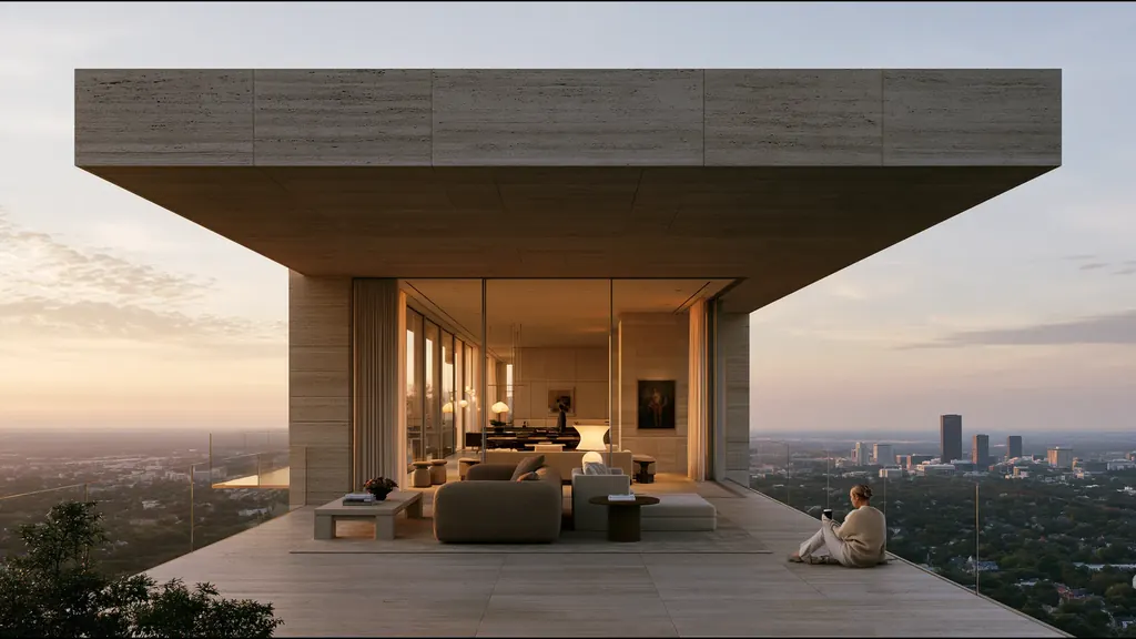 A travertine pavilion with a glass-walled lounge on a terrace above a wooded Texas city at dusk, a woman seated at its edge