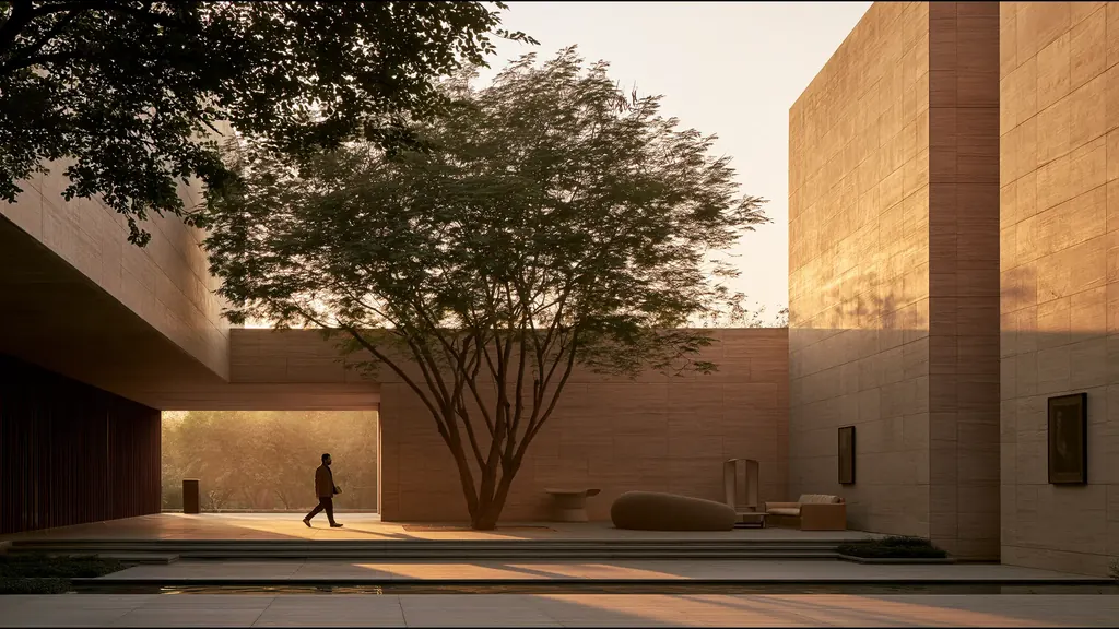 A man walking through a sandstone courtyard at golden hour, a broad tree at its centre and a long shallow pool in front