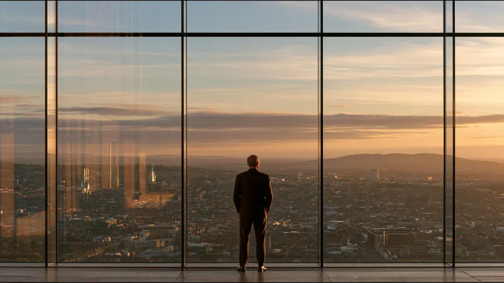 A man in a dark suit at a floor to ceiling window high above Dublin at sunset, the city and the Dublin Mountains beyond