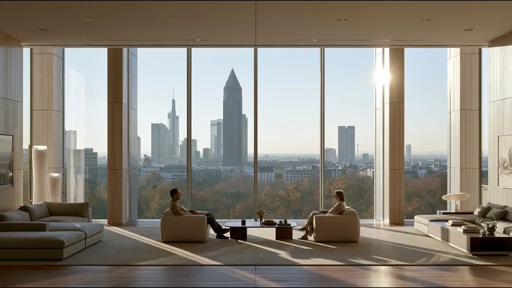 Two people talking in armchairs in a tall, light-filled room, the Frankfurt skyline beyond the glass