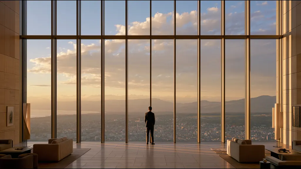 A man standing at a wall of tall windows high above Geneva, the lake and the mountains in evening light