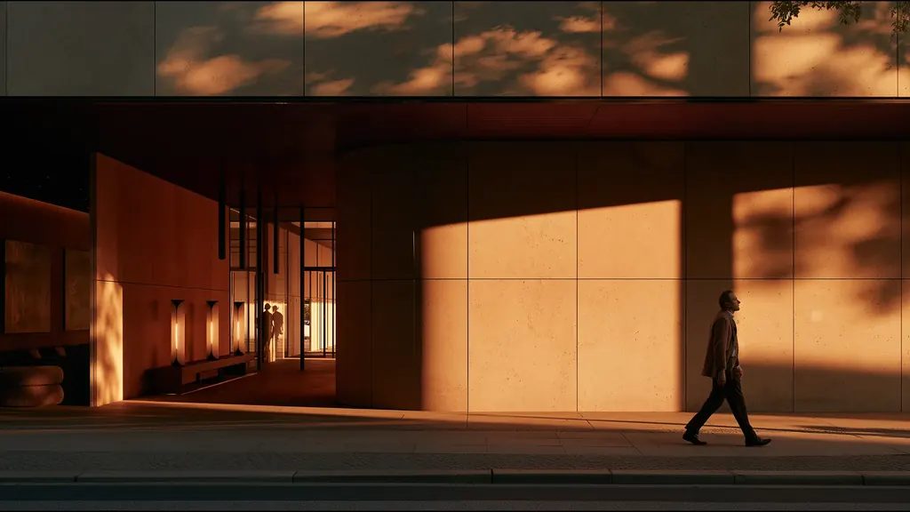 A man walking past a lit clinic entrance in Hamburg, evening sun and leaf shadows on the stone wall