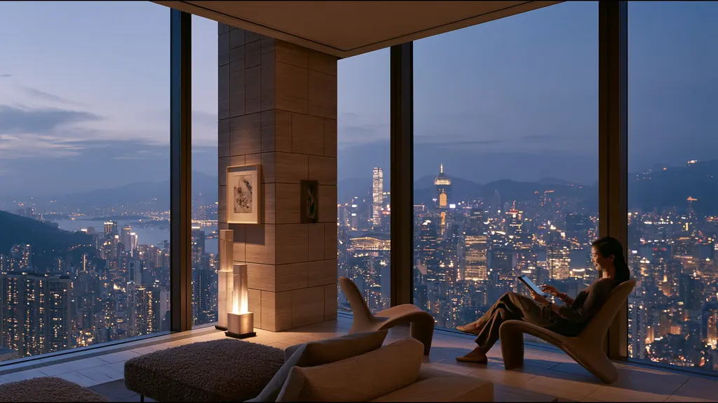 A woman reads a tablet in a lounge chair by floor-to-ceiling windows, the lights of Hong Kong spread below at dusk
