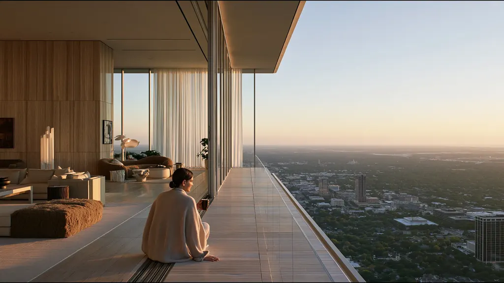 A woman in a cream cardigan sits on a high terrace with a coffee, looking out over green Houston neighbourhoods at sunrise