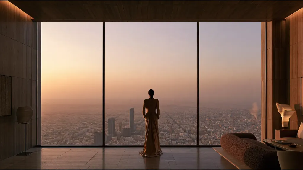 A clinician standing at the window of a vast private clinic in Jeddah at dusk, the city beyond the glass