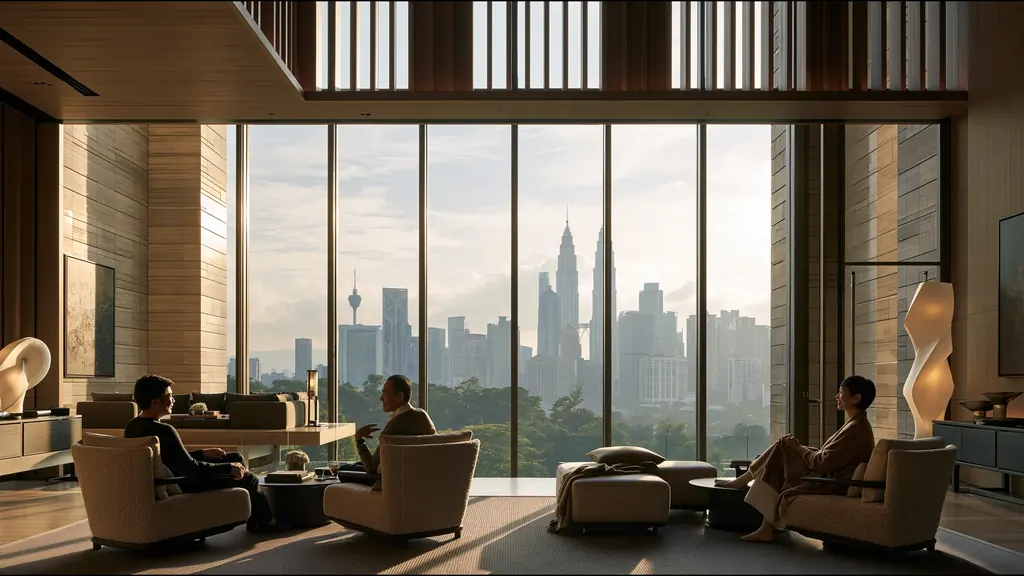 Three people talking in deep armchairs in a tall, light-filled clinic lounge, the Kuala Lumpur skyline and the Petronas Towers beyond the glass