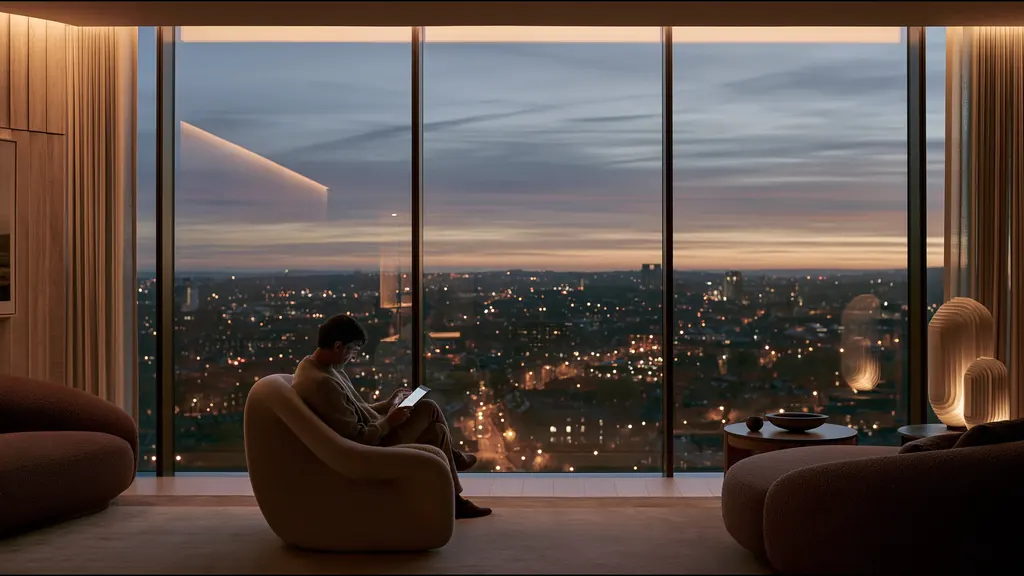 A clinician reading on a tablet in a large, quiet private clinic at dusk, a city lit up beyond the glass