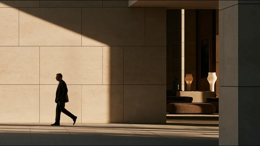A man in a dark suit walks past a sunlit stone wall into a clinic lobby with tall lamps