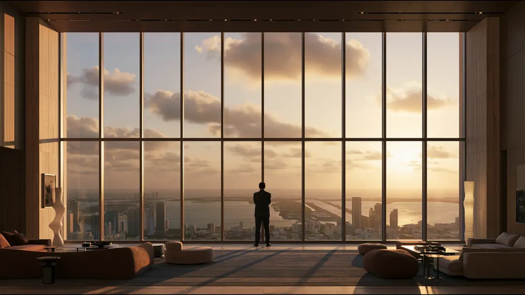 A man in a dark suit stands at a wall of glass high above Miami and Biscayne Bay at sunset