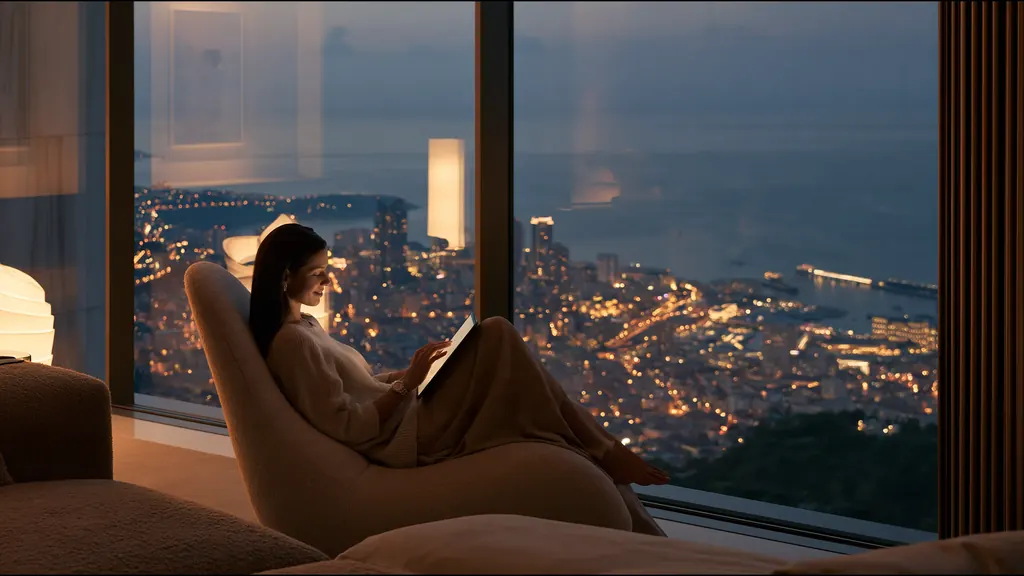 A woman reading a tablet in a curved armchair by a window, the lights of Monaco and its harbour below at dusk