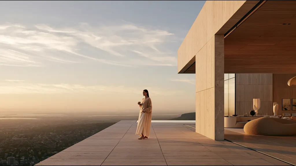 A woman in a long cream robe standing on a stone terrace high above the city at sunset, the open living room of a modern house beside her