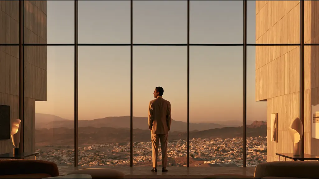 A man in a light suit standing at a tall window at golden hour, looking out over a low city and the mountains beyond