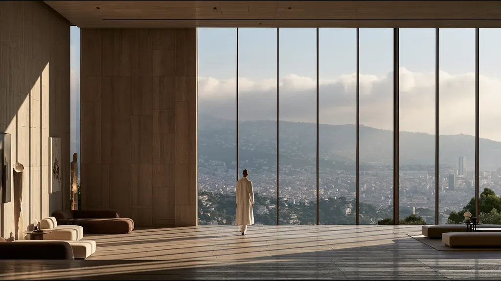 A figure in a long white coat walking across a sunlit stone hall towards tall windows over Nice and its hills