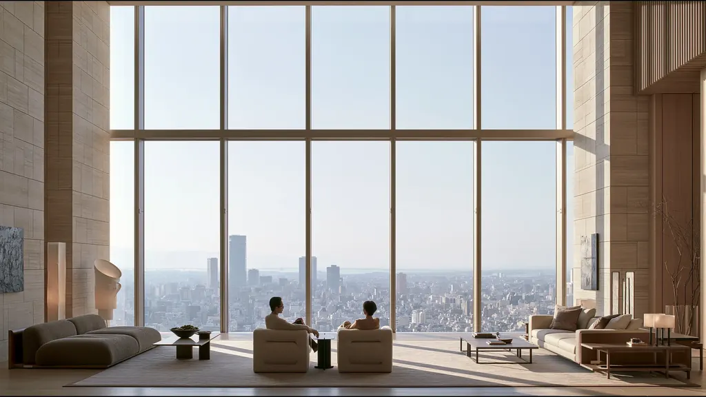 Two people seated in armchairs before a wall of tall windows high above Osaka, the city spread out to the hills