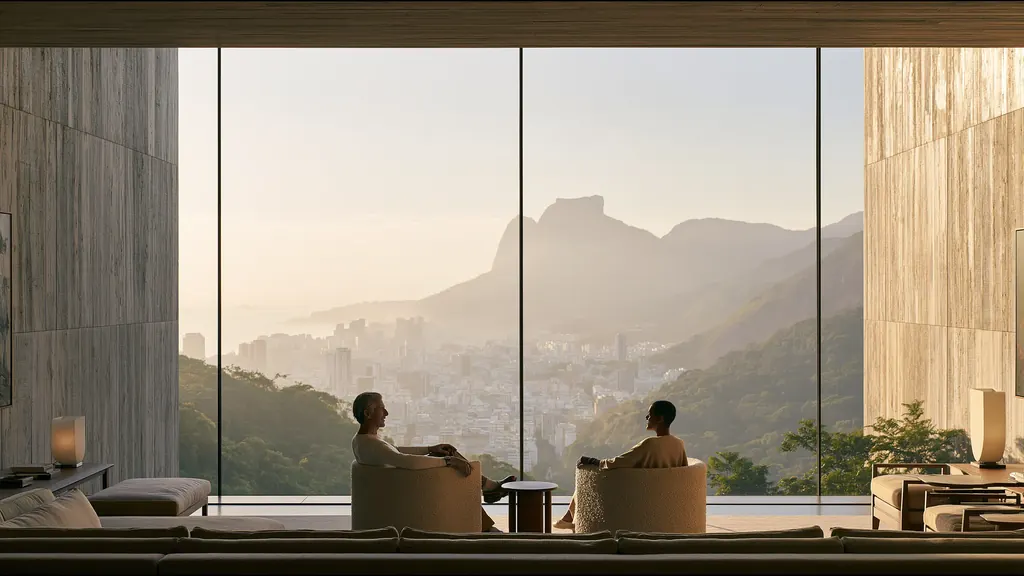 Two people talking in cream armchairs before a wall of glass, Rio de Janeiro and the Pedra da Gávea in soft morning haze