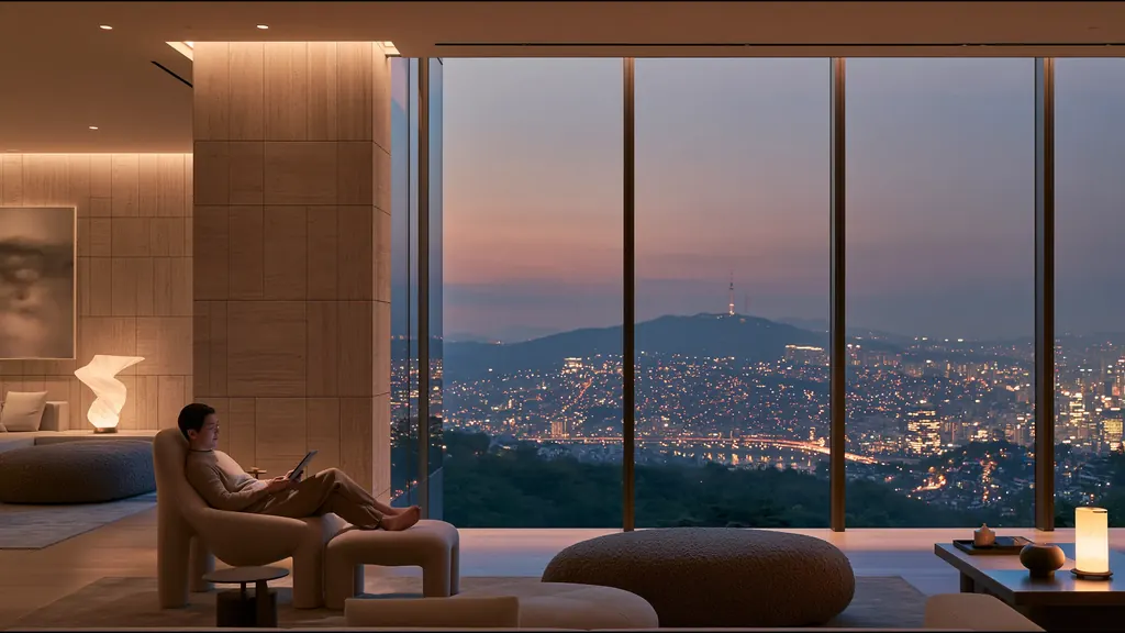 A clinician at ease in a vast, light-filled private clinic in Seoul, the city beyond the glass