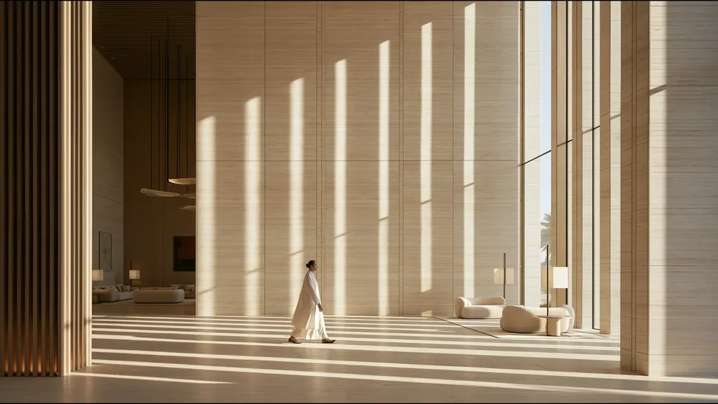 A clinician in a long white coat walking through a vast stone hall, sunlight falling in tall stripes across the walls and floor