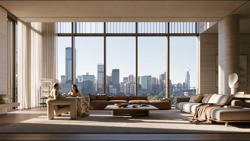 Two people talk in deep armchairs in a sunlit lounge overlooking the Sydney skyline