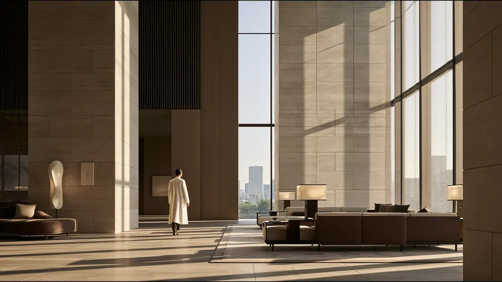 A clinician in a long white coat walking through a tall stone lobby in Tokyo, sunlight across the floor and towers beyond the glass