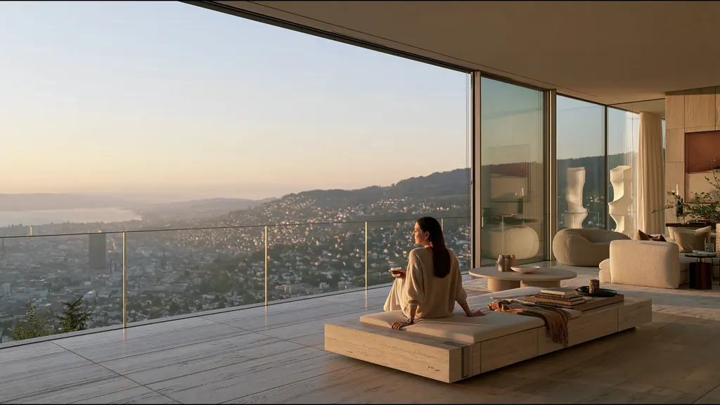 A woman holding a cup on a stone daybed in a glass-walled room high above Zurich, the lake and the city in early light