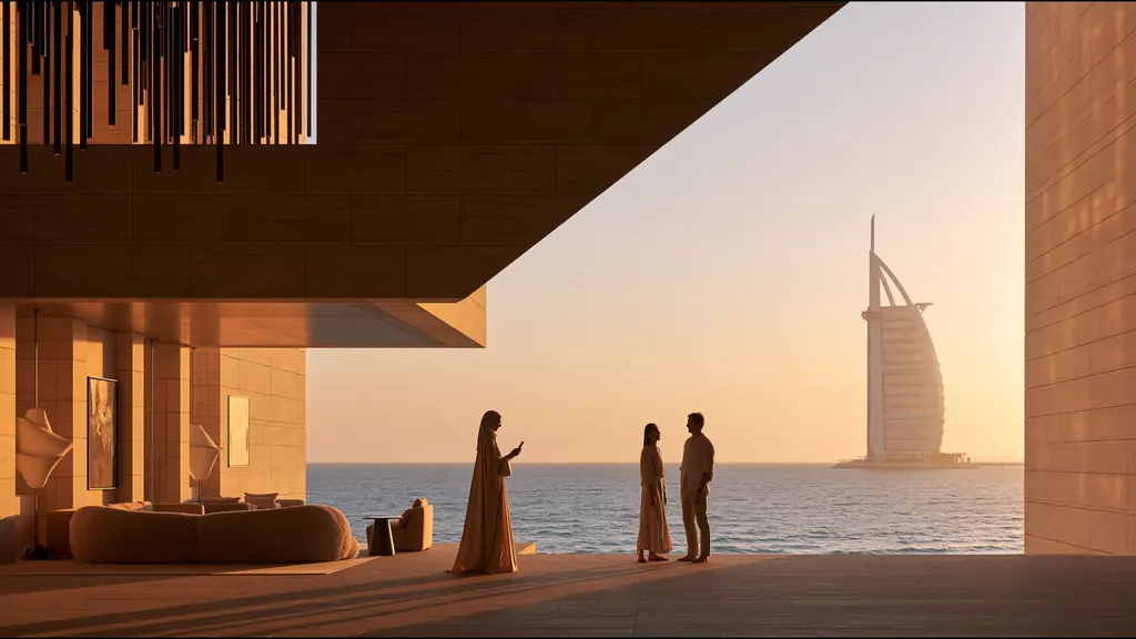 A woman in an abaya reading her phone on a shaded seafront terrace at sunset, a couple talking beside her and the Burj Al Arab across the water