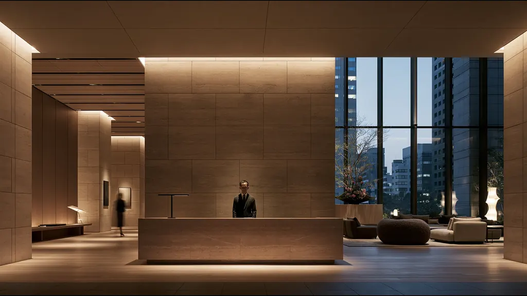 A clinic director in charcoal tailoring at a single travertine desk in a vast serene clinic, the city at dusk beyond a wall of glass