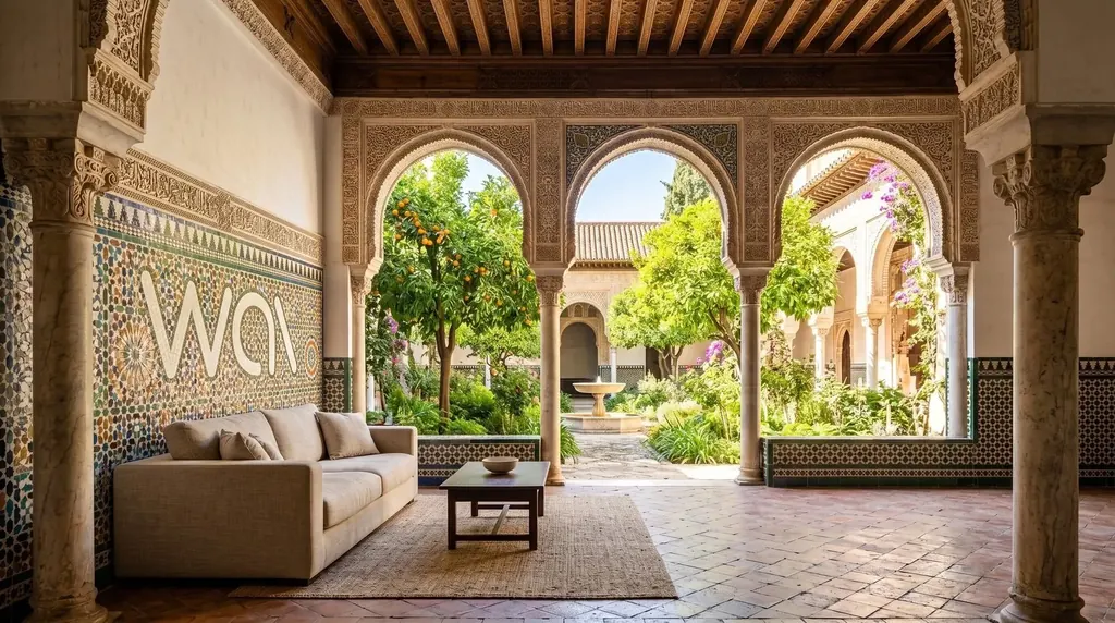 A tiled courtyard lounge in a Dubai clinic, arches opening onto a green garden