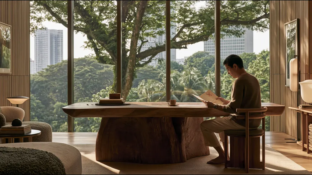 A consultant physician alone at a sculptural oak desk in a bright clinic, reading a single marked page over coffee, towers and trees beyond