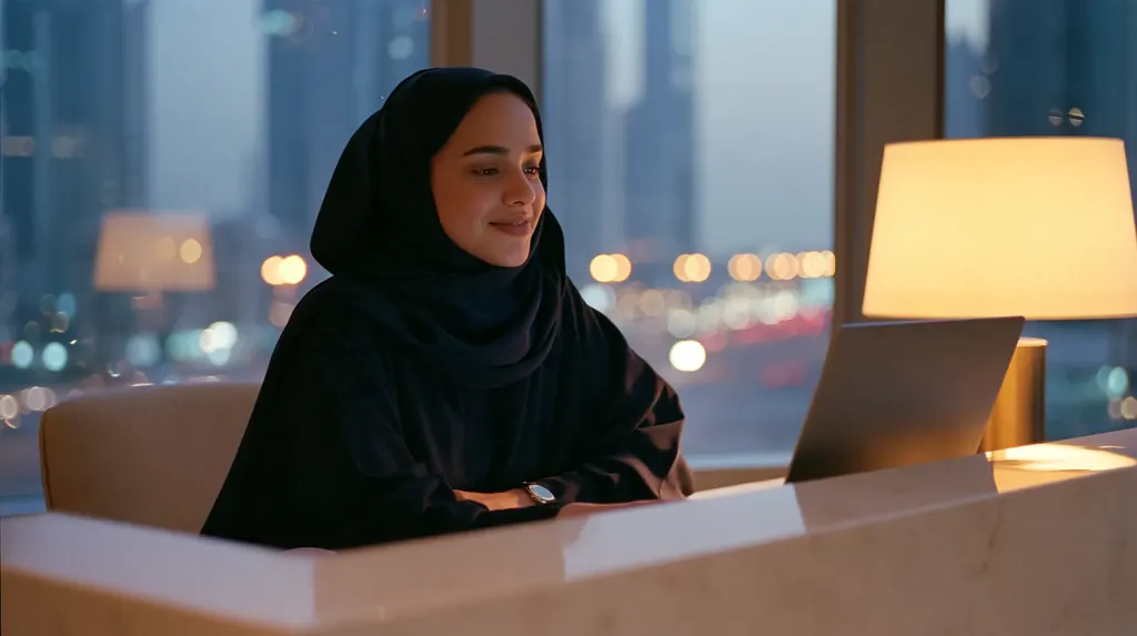 A receptionist in a dark abaya smiling as she works at a laptop on a pale stone front desk in a Dubai clinic at dusk