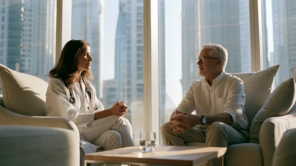 A doctor in a white coat talking with a patient in his sixties in a sunlit consulting room high in Dubai