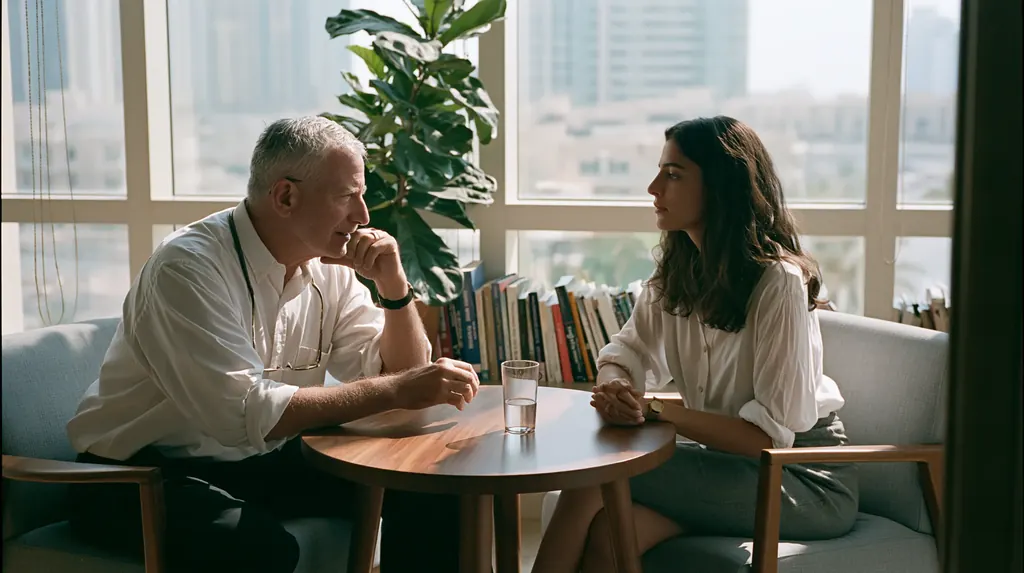 A doctor listening to a patient across a small round table in a daylit Dubai consulting room, books and a plant behind